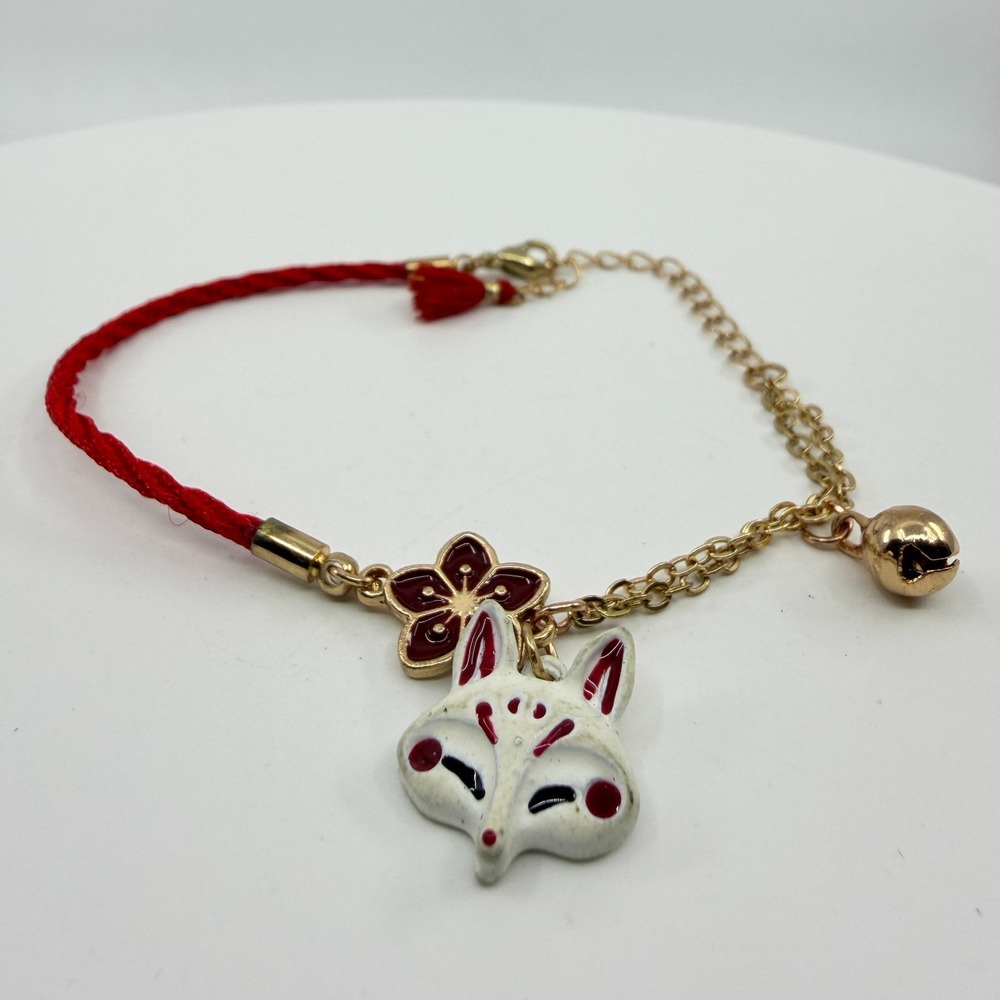 Kitsune Mask Red Cord Bracelet Japanese Anime Style Charm Boho Layering Gift